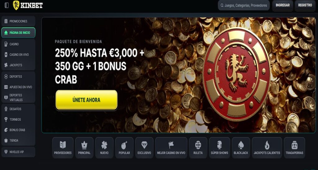 Four-deposit welcome with no win limits and a 1x-wagering live casino cashback - Kinbet's bonus structure is genuinely player-friendly.